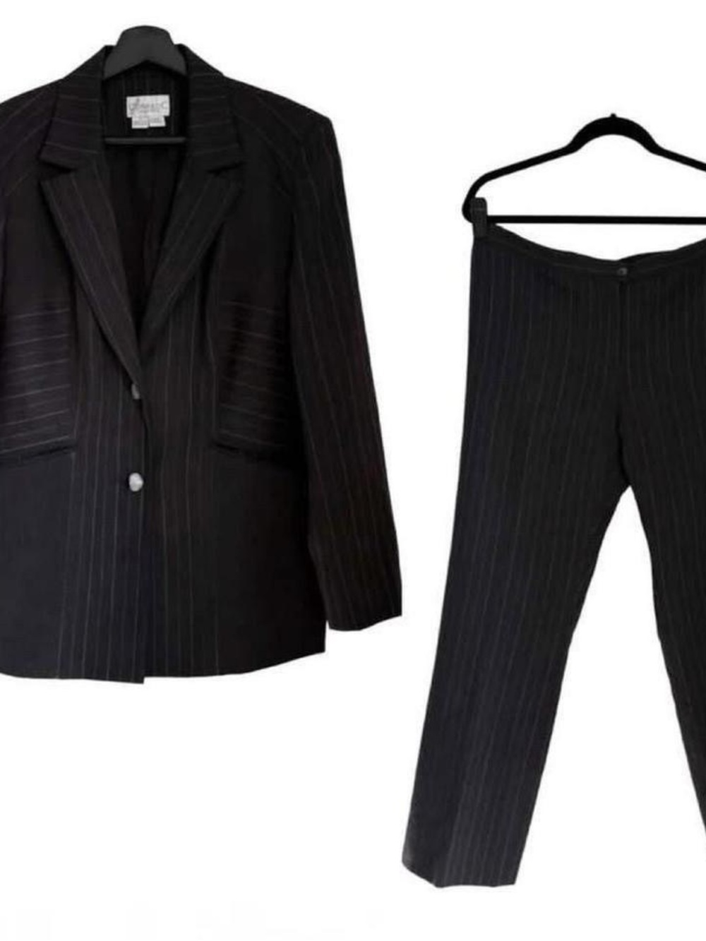 Vintage Gray Pinstripe Wool Two-Piece Pantsuit Blazer Trousers Pants Set Jacket